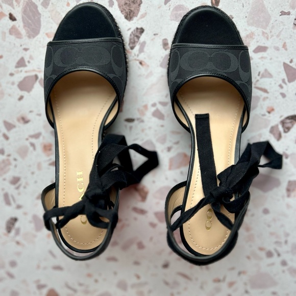 Coach Black Wedge Sandals with Ankle Ties NWOT Size 9.5 - Picture 11 of 12